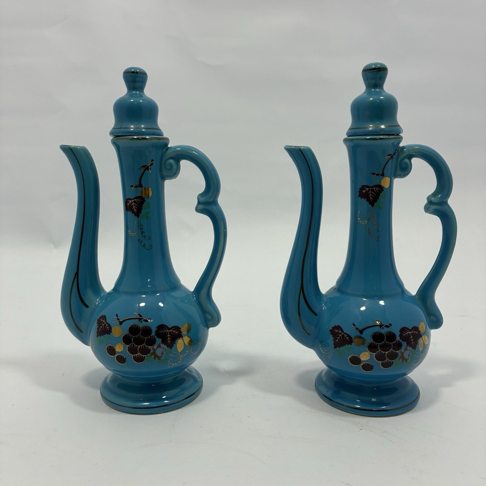 Antique Chinese Turquoise Blue Porcelain Ewer Pitcher Grapes Gold Vintage